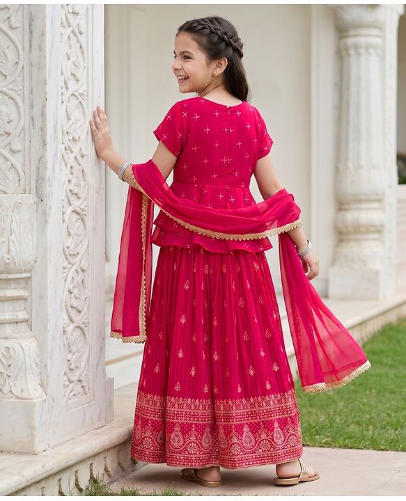 Pine Kids Woven Half Sleeves Floral Embroidered Choli Lehenga Set With Dupatta - Dark Pink