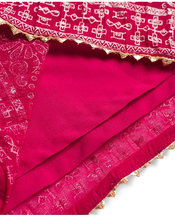 Pine Kids Woven Half Sleeves Floral Embroidered Choli Lehenga Set With Dupatta - Dark Pink
