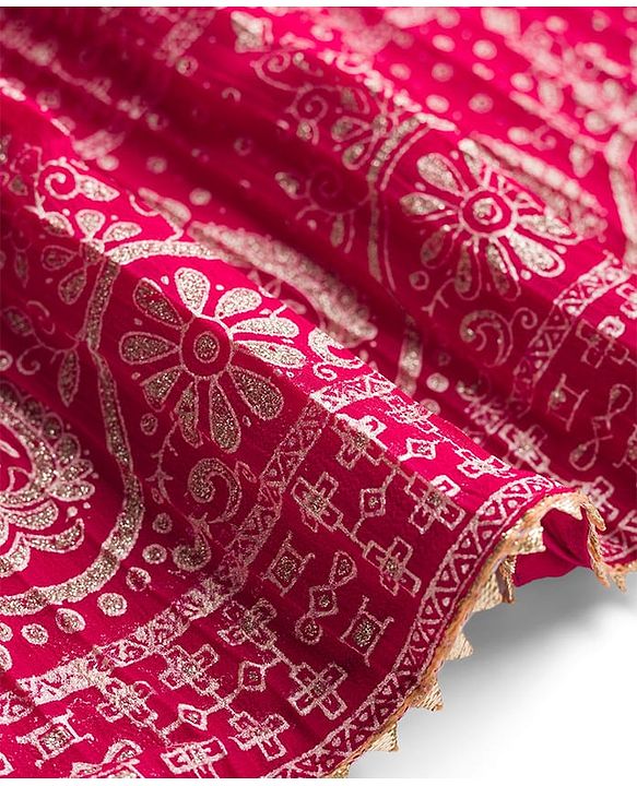 Pine Kids Woven Half Sleeves Floral Embroidered Choli Lehenga Set With Dupatta - Dark Pink