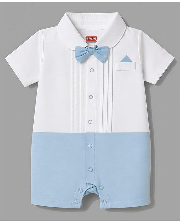 Babyhug 100% Cotton Woven Half Sleeves Solid Party Romper With Bow Applique - Light Blue