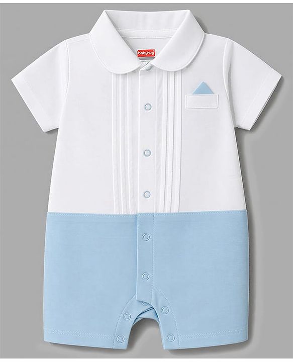 Babyhug 100% Cotton Woven Half Sleeves Solid Party Romper With Bow Applique - Light Blue