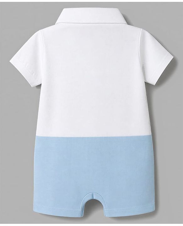 Babyhug 100% Cotton Woven Half Sleeves Solid Party Romper With Bow Applique - Light Blue