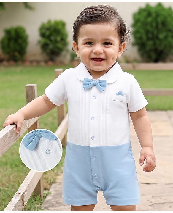 Babyhug 100% Cotton Woven Half Sleeves Solid Party Romper With Bow Applique - Light Blue