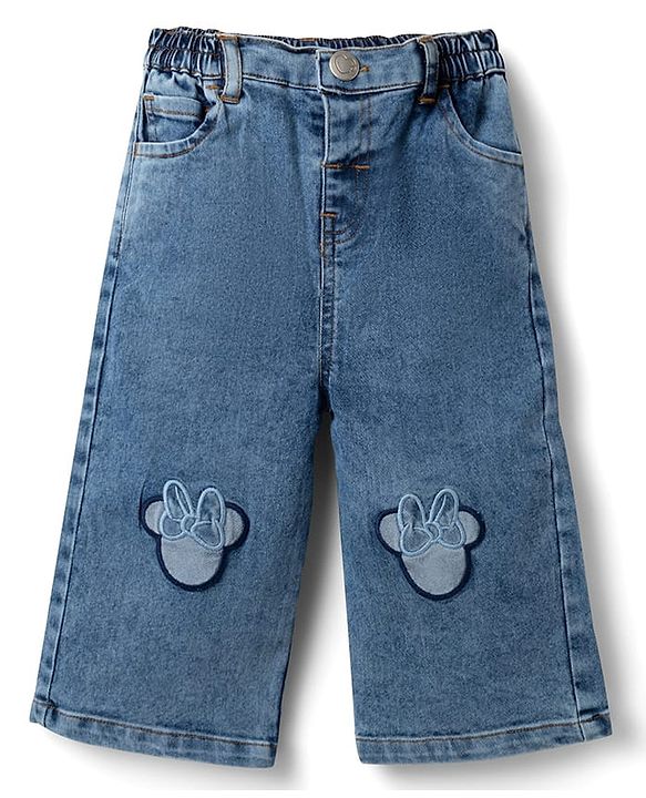 Babyhug Disney Full Length Denim Jeans with Minnie Mouse Patch - Blue