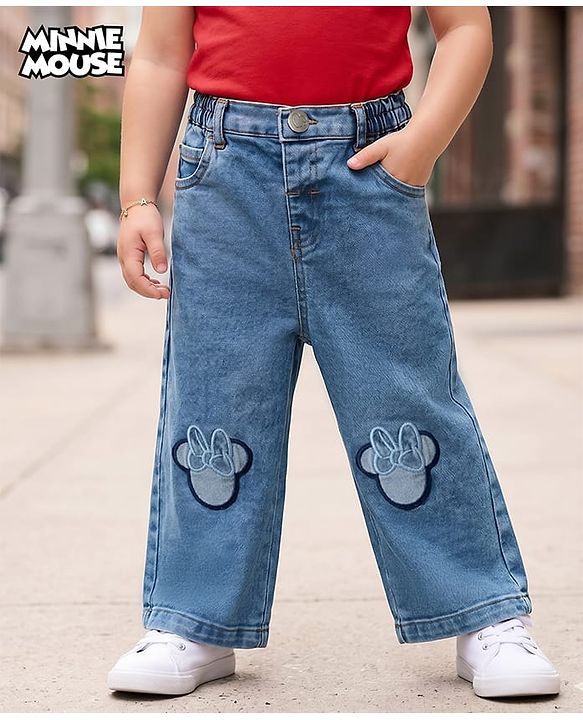 Babyhug Disney Full Length Denim Jeans with Minnie Mouse Patch - Blue