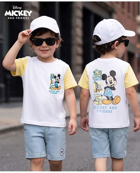 Babyhug Disney Single Jersey Knit Half Sleeves T-Shirt & Denim Shorts set with Front & Back Mickey & Friends Graphics - Multicolor