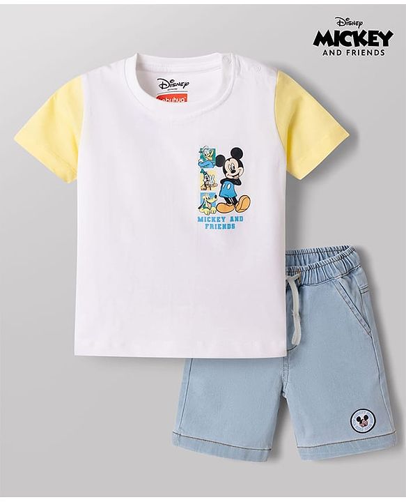 Babyhug Disney Single Jersey Knit Half Sleeves T-Shirt & Denim Shorts set with Front & Back Mickey & Friends Graphics - Multicolor