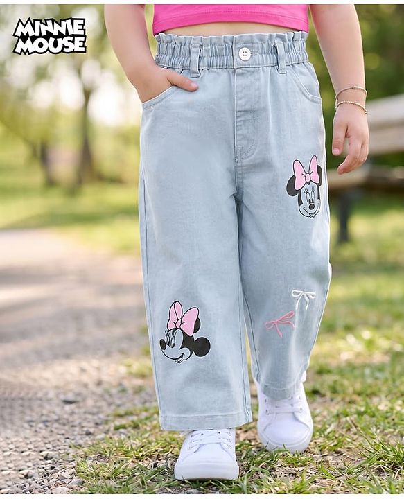Babyhug Disney Denim Full Length Jeans With Minnie Mouse Graphic & Bow Embroidery - Light Blue