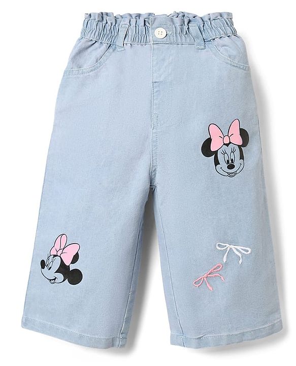 Babyhug Disney Denim Full Length Jeans With Minnie Mouse Graphic & Bow Embroidery - Light Blue