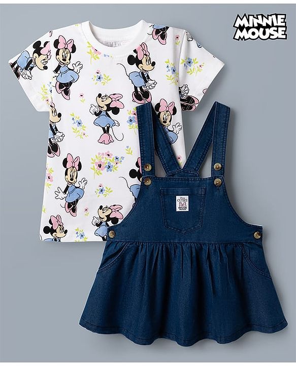Babyhug Disney Single Jersey Knit Denim Frock with Half Sleeves T-Shirt with Minnie Mouse Graphics - White & Blue