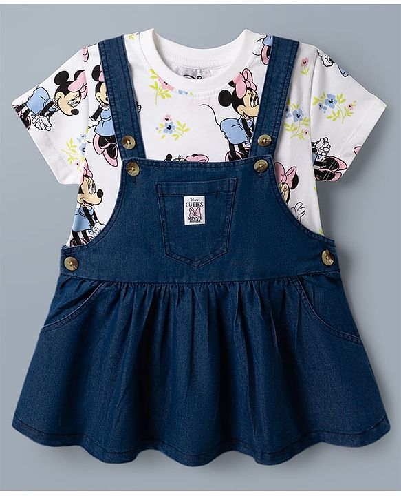 Babyhug Disney Single Jersey Knit Denim Frock with Half Sleeves T-Shirt with Minnie Mouse Graphics - White & Blue
