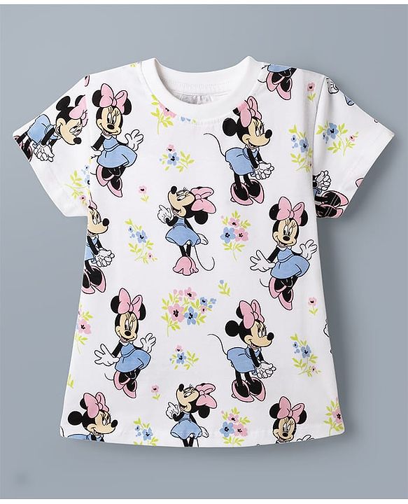 Babyhug Disney Single Jersey Knit Denim Frock with Half Sleeves T-Shirt with Minnie Mouse Graphics - White & Blue