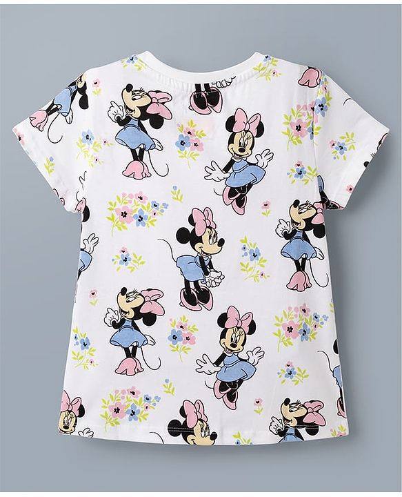Babyhug Disney Single Jersey Knit Denim Frock with Half Sleeves T-Shirt with Minnie Mouse Graphics - White & Blue