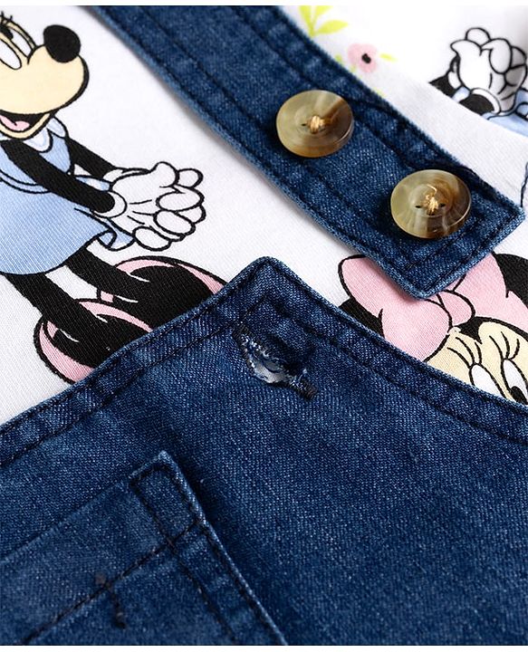 Babyhug Disney Single Jersey Knit Denim Frock with Half Sleeves T-Shirt with Minnie Mouse Graphics - White & Blue