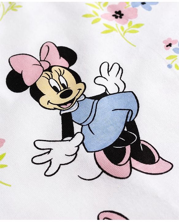 Babyhug Disney Single Jersey Knit Denim Frock with Half Sleeves T-Shirt with Minnie Mouse Graphics - White & Blue