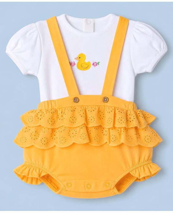 Babyhug 100% Cotton Interlock Knit Half Sleeves Onesies With Duck Embroidery - Orange