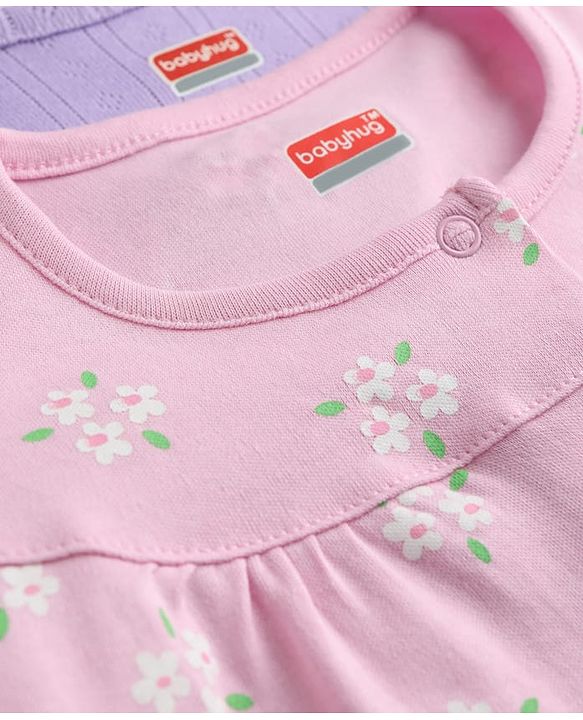 Babyhug 100% Cotton Knit Half Sleeves Solid & Floral Printed Rompers Pack of 2 - Multicolor