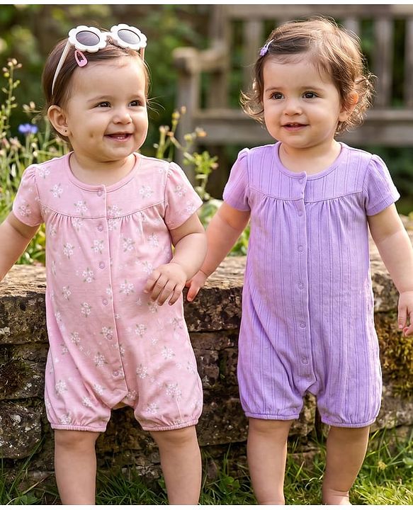 Babyhug 100% Cotton Knit Half Sleeves Solid & Floral Printed Rompers Pack of 2 - Multicolor