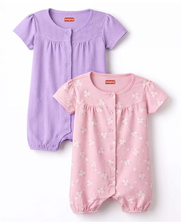 Babyhug 100% Cotton Knit Half Sleeves Solid & Floral Printed Rompers Pack of 2 - Multicolor