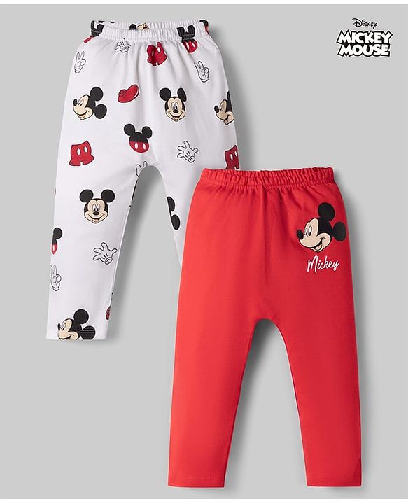 Babyhug Disney Interlock Knit Full Length Mickey Mouse Printed Diaper Leggings Pack of 2 - Red & White