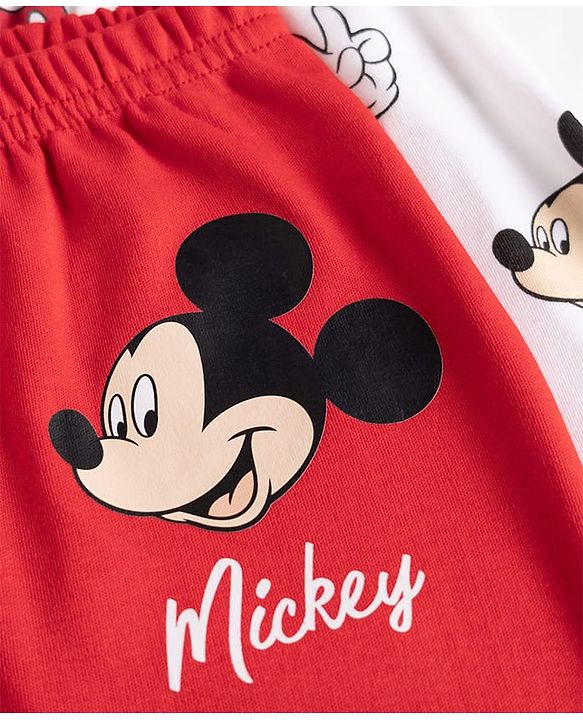 Babyhug Disney Interlock Knit Full Length Mickey Mouse Printed Diaper Leggings Pack of 2 - Red & White