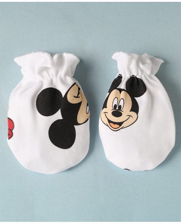 Babyhug Disney Interlock Knit Cap Mittens & Booties with Mickey Mouse Print White - Diameter - 16 cm