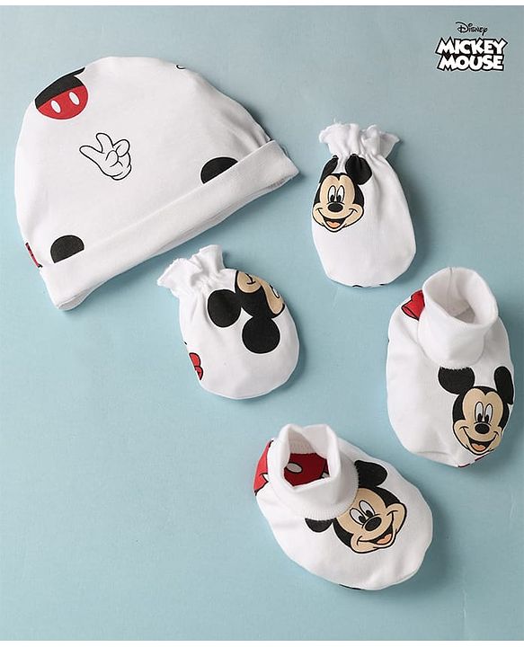 Babyhug Disney Interlock Knit Cap Mittens & Booties with Mickey Mouse Print White - Diameter - 16 cm