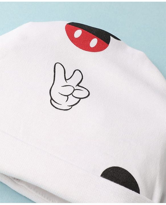 Babyhug Disney Interlock Knit Cap Mittens & Booties with Mickey Mouse Print White - Diameter - 16 cm