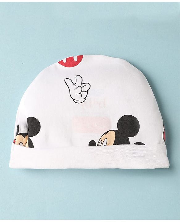Babyhug Disney Interlock Knit Cap Mittens & Booties with Mickey Mouse Print White - Diameter - 16 cm
