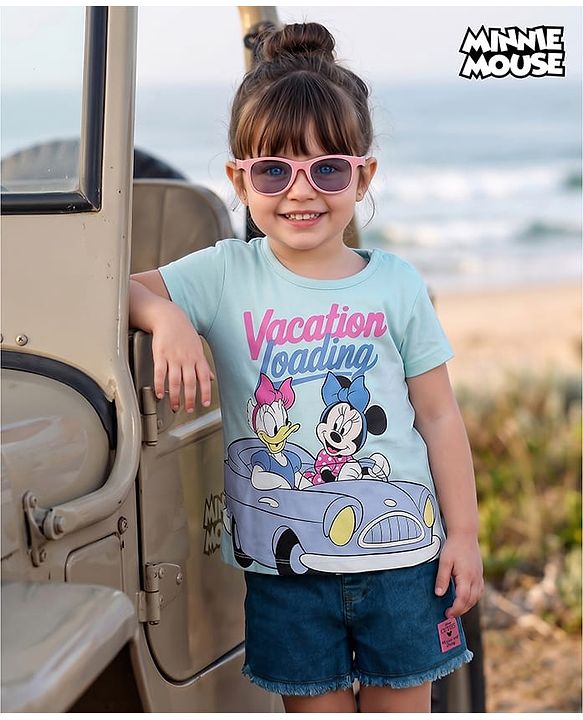 Babyhug Disney Single Jersey Knit Half Sleeves T-Shirt & Denim Shorts Set with Minnie & Friends Graphics - Multicolor