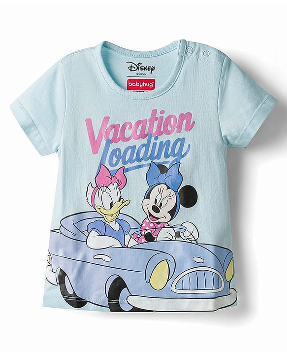 Babyhug Disney Single Jersey Knit Half Sleeves T-Shirt & Denim Shorts Set with Minnie & Friends Graphics - Multicolor
