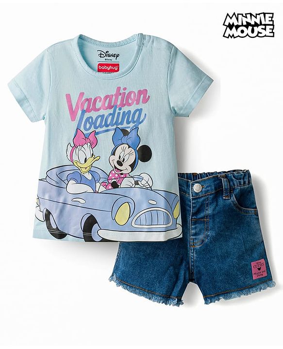 Babyhug Disney Single Jersey Knit Half Sleeves T-Shirt & Denim Shorts Set with Minnie & Friends Graphics - Multicolor