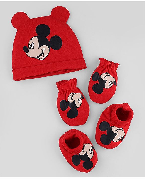 Babyhug Disney Interlock Knit Cap Mittens & Booties with Mickey Mouse Print Red -Diameter 15 cm