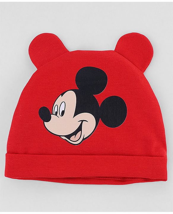 Babyhug Disney Interlock Knit Cap Mittens & Booties with Mickey Mouse Print Red -Diameter 15 cm
