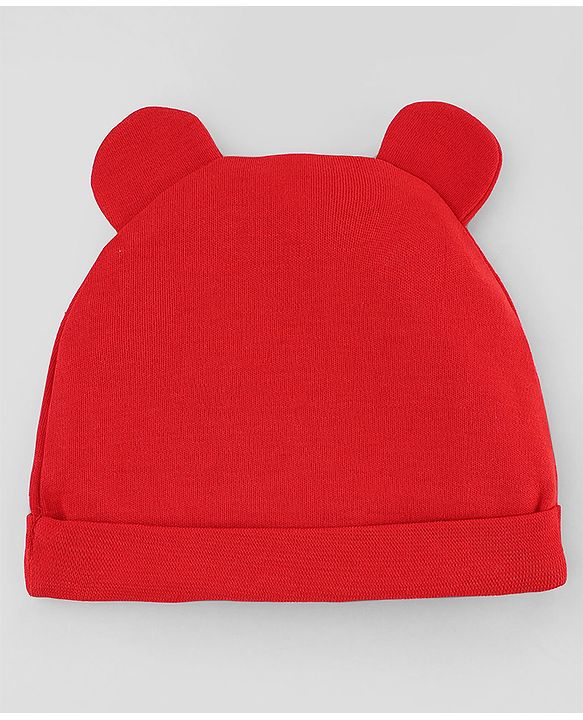 Babyhug Disney Interlock Knit Cap Mittens & Booties with Mickey Mouse Print Red -Diameter 15 cm