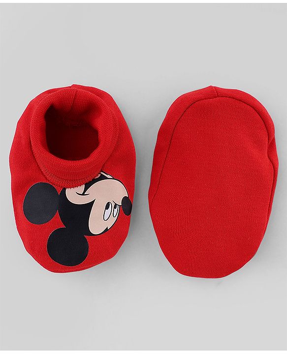 Babyhug Disney Interlock Knit Cap Mittens & Booties with Mickey Mouse Print Red -Diameter 15 cm
