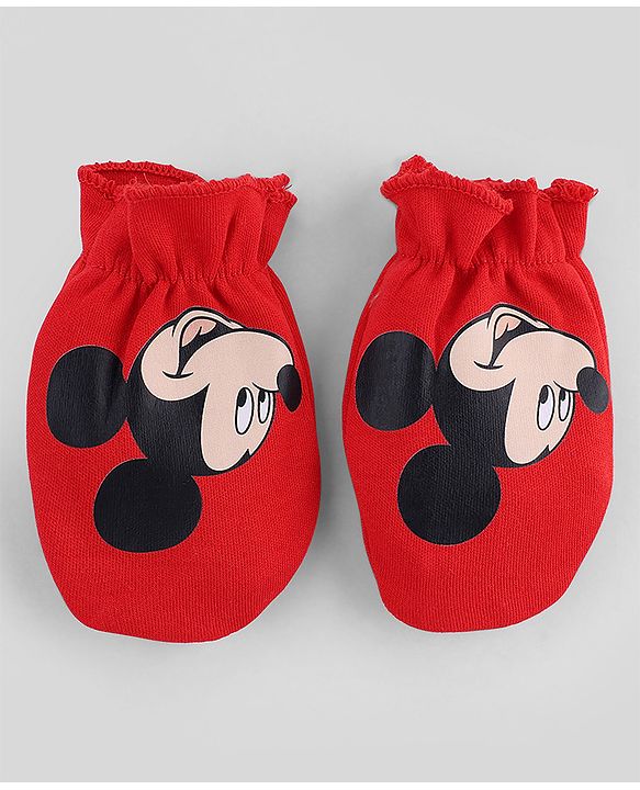 Babyhug Disney Interlock Knit Cap Mittens & Booties with Mickey Mouse Print Red -Diameter 15 cm