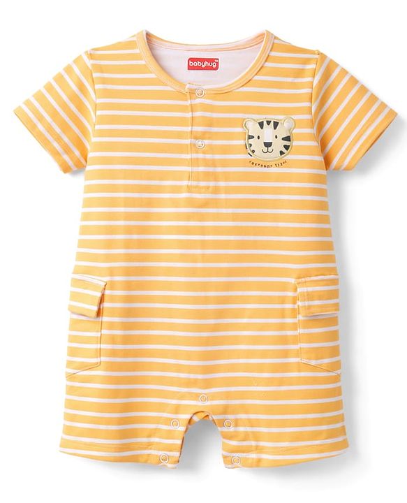 Babyhug 100% Cotton Interlock Knit Half Sleeves Rompers With Tiger Print Pack of 2 - Multicolor