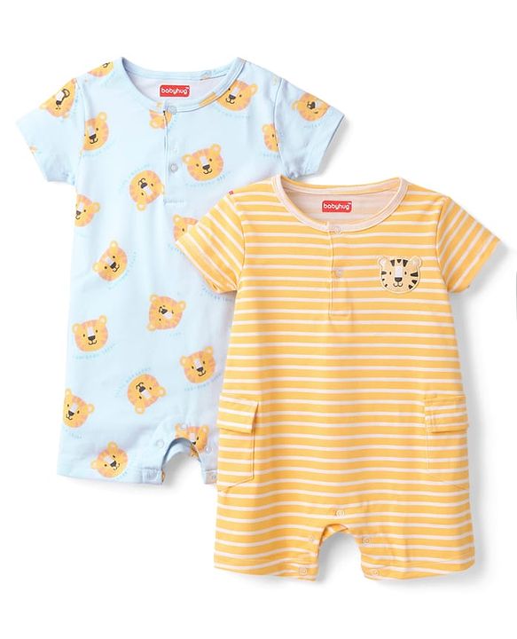 Babyhug 100% Cotton Interlock Knit Half Sleeves Rompers With Tiger Print Pack of 2 - Multicolor