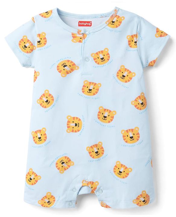 Babyhug 100% Cotton Interlock Knit Half Sleeves Rompers With Tiger Print Pack of 2 - Multicolor