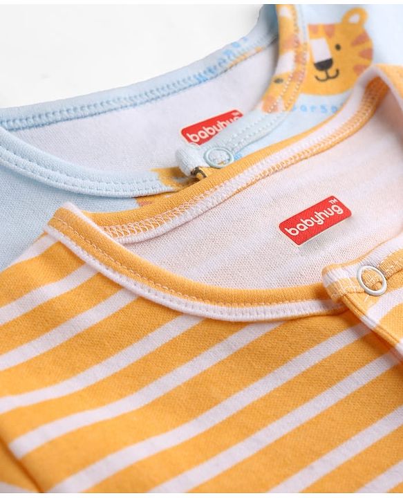 Babyhug 100% Cotton Interlock Knit Half Sleeves Rompers With Tiger Print Pack of 2 - Multicolor