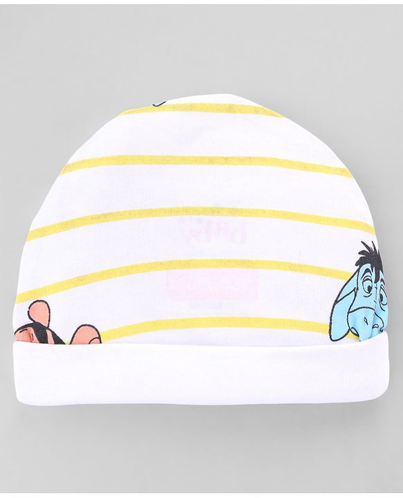 Babyhug Disney Interlock Knit Cap Mittens & Booties with Winnie & Friends Print White- Diameter 14.5 cm