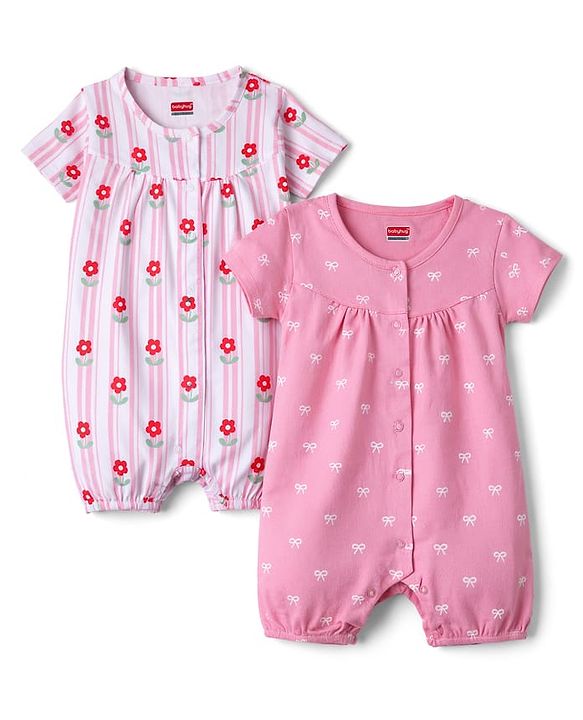 Babyhug 100% Cotton Knit Half Sleeves Floral & Bow Printed Rompers Pack Of 2 - Multi Color