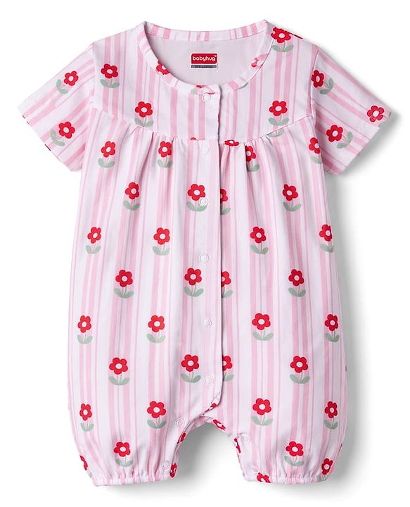 Babyhug 100% Cotton Knit Half Sleeves Floral & Bow Printed Rompers Pack Of 2 - Multi Color