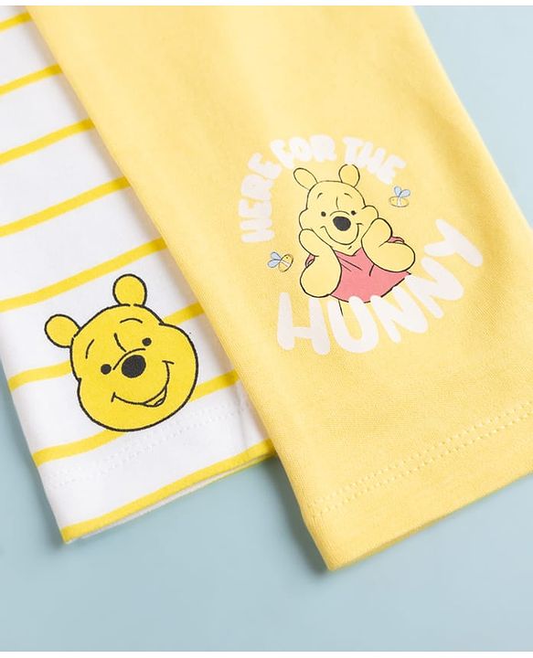 Babyhug Disney Interlock Knit Full Length Striped Diaper Legging With Winnie the Pooh Graphic Pack of 2 - Yellow & White