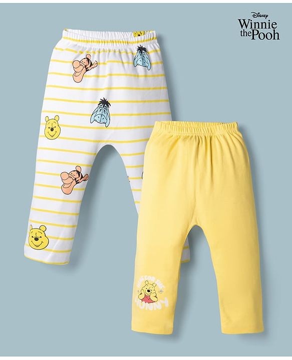Babyhug Disney Interlock Knit Full Length Striped Diaper Legging With Winnie the Pooh Graphic Pack of 2 - Yellow & White