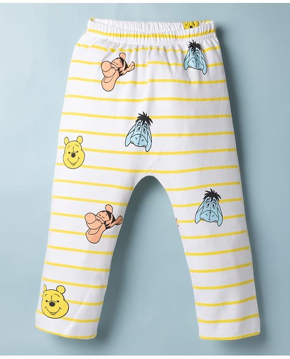 Babyhug Disney Interlock Knit Full Length Striped Diaper Legging With Winnie the Pooh Graphic Pack of 2 - Yellow & White