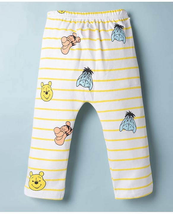 Babyhug Disney Interlock Knit Full Length Striped Diaper Legging With Winnie the Pooh Graphic Pack of 2 - Yellow & White