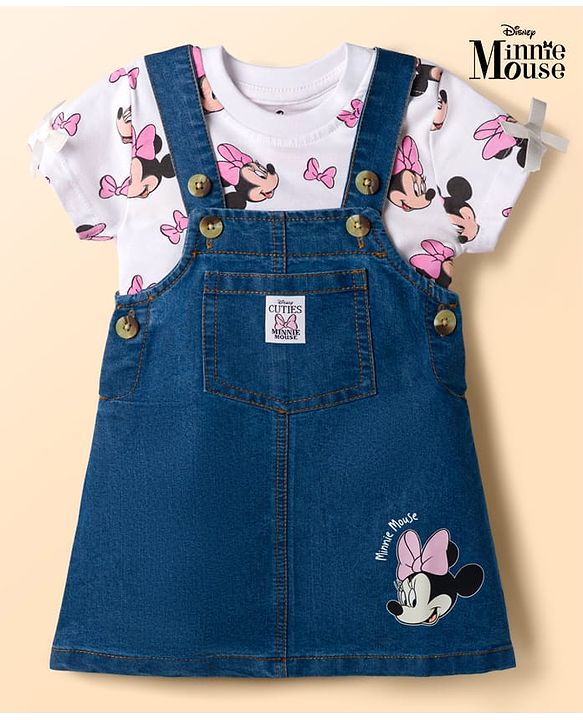 Babyhug Disney Single Jersey Knit Denim Dungaree Style Frock with Half Sleeves Inner Tee Minnie Mouse Print - White Blue