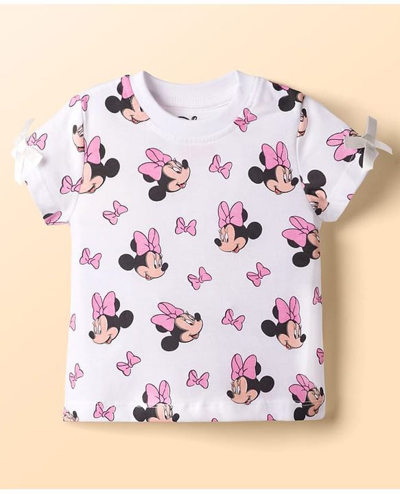 Babyhug Disney Single Jersey Knit Denim Dungaree Style Frock with Half Sleeves Inner Tee Minnie Mouse Print - White Blue